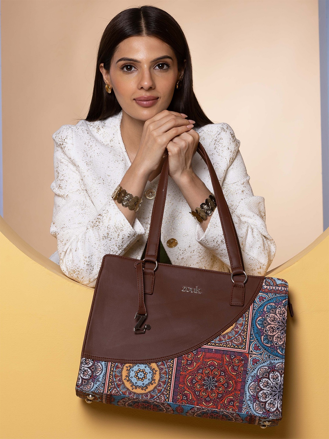 

ZOUK Women Mandala Printed Structured Tote Bag, Brown