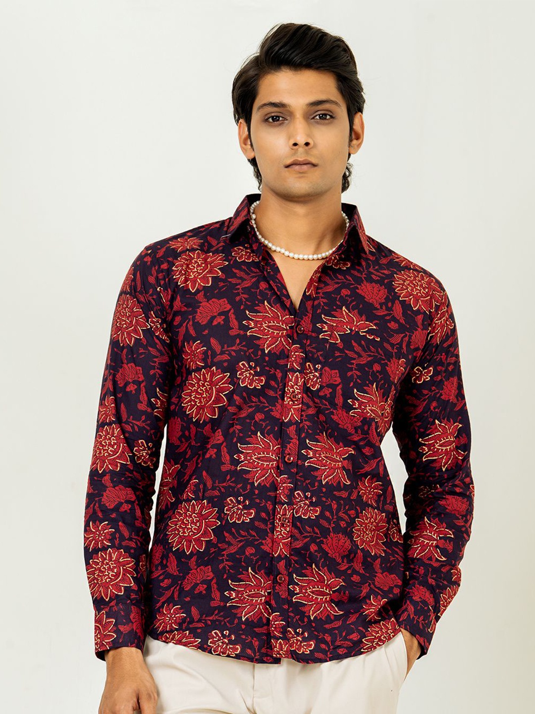 

Tistabene Men Comfort Spread Collar Floral Printed Cotton Casual Shirt, Maroon