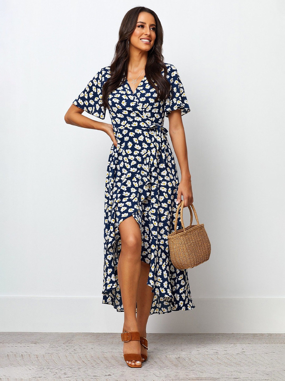 

DressBerry Women Floral Printed Wrap Midi Dress, Navy blue