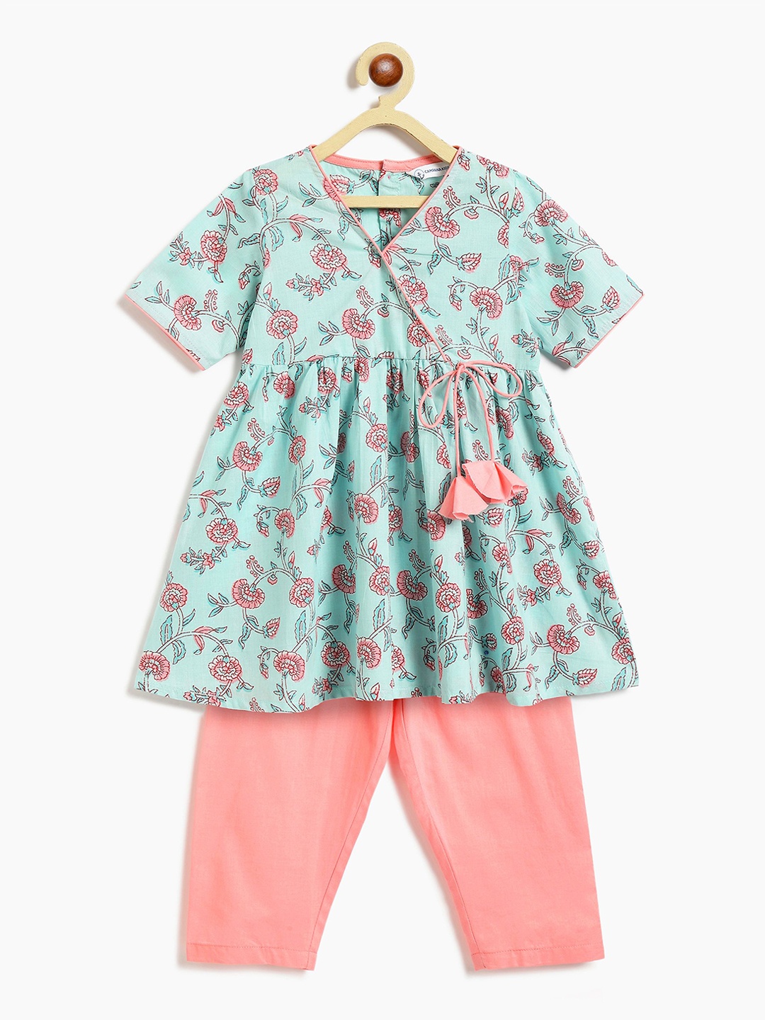 

Campana Girls Floral Printed Angrakha Pure Cotton Kurti With Trousers, Blue
