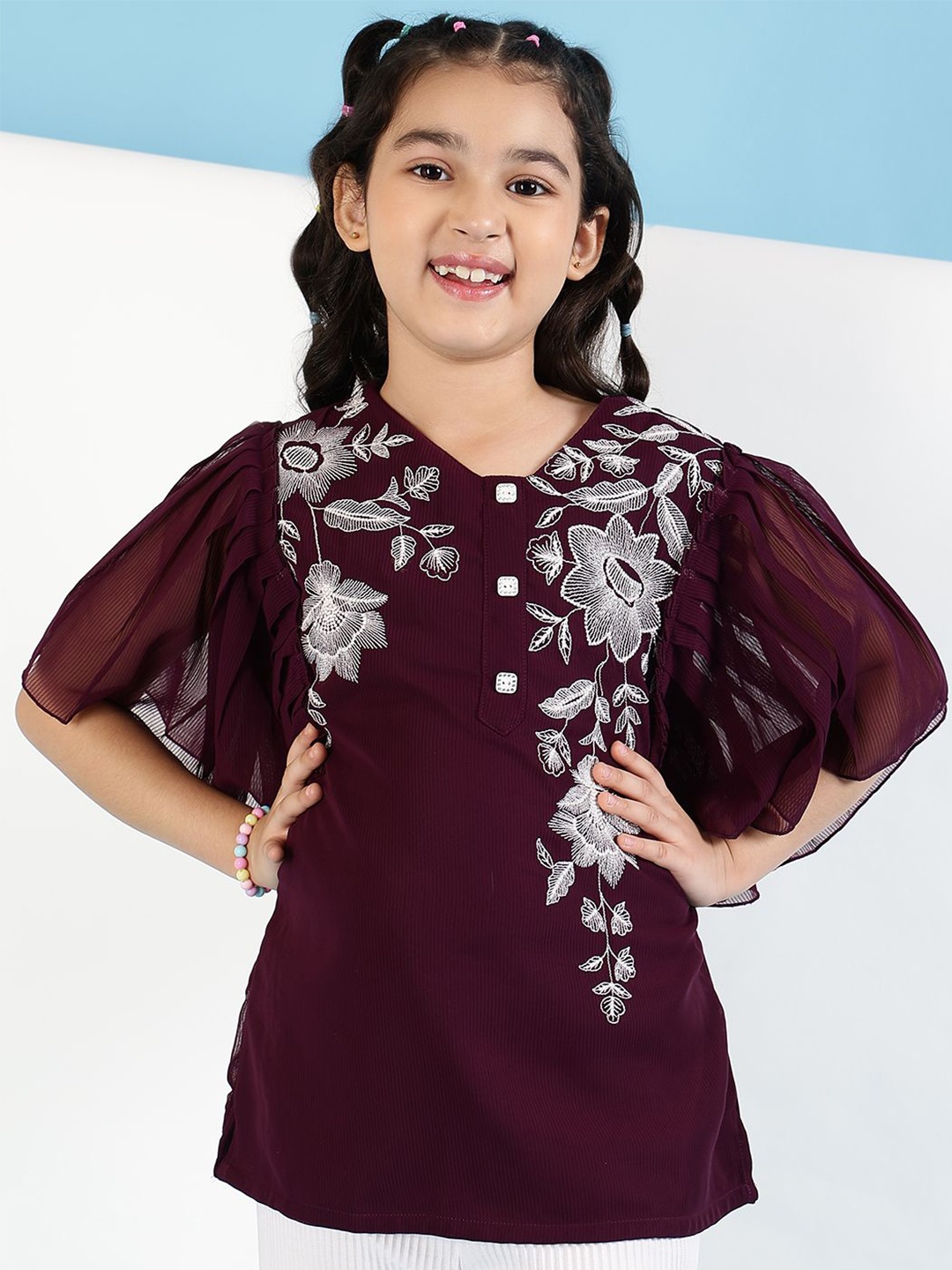 

BAESD Girls Floral Embroidered V-Neck Top, Maroon