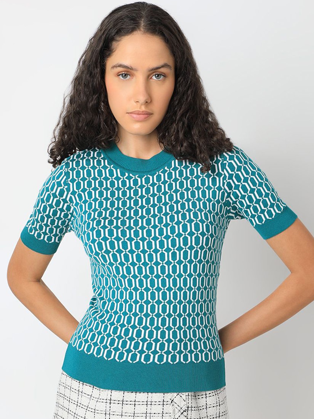 

Vero Moda Women Geometric Printed Round Neck Top, Teal