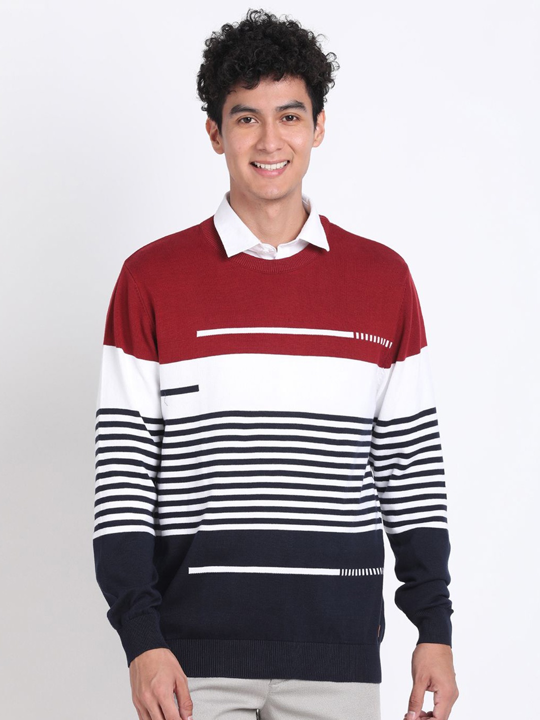 

Turtle Men Cotton Striped Round Neck Pullover, Red