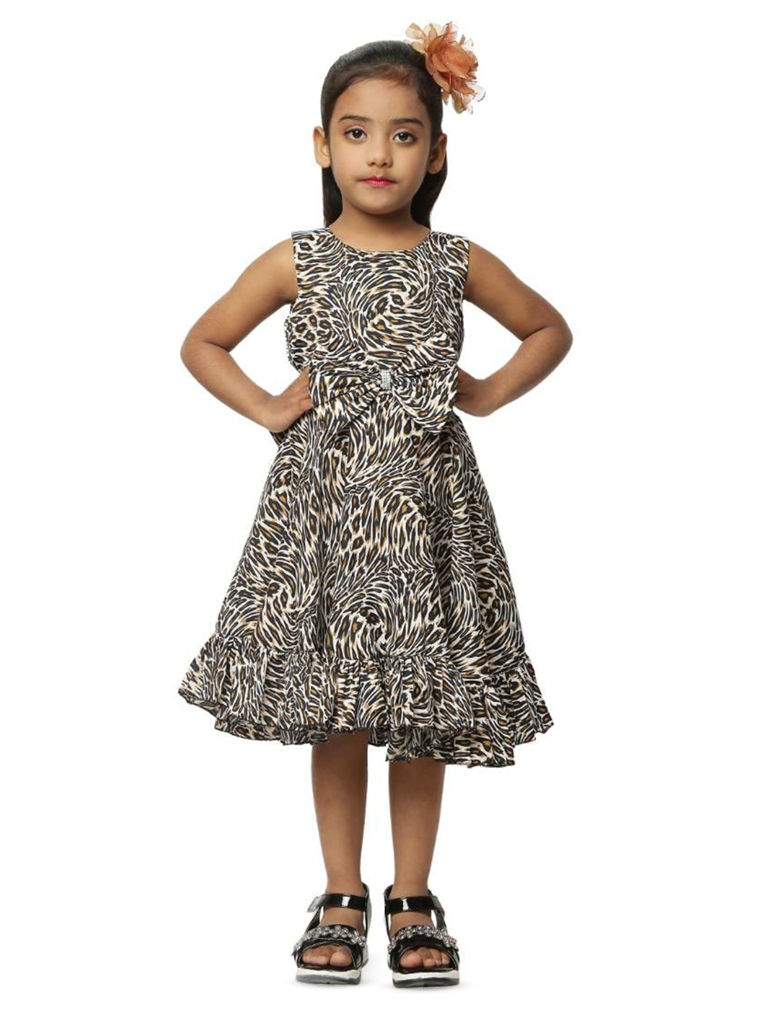 

Wish little Girls Animal Printed Crepe Fit & Flare Midi Dress, Black