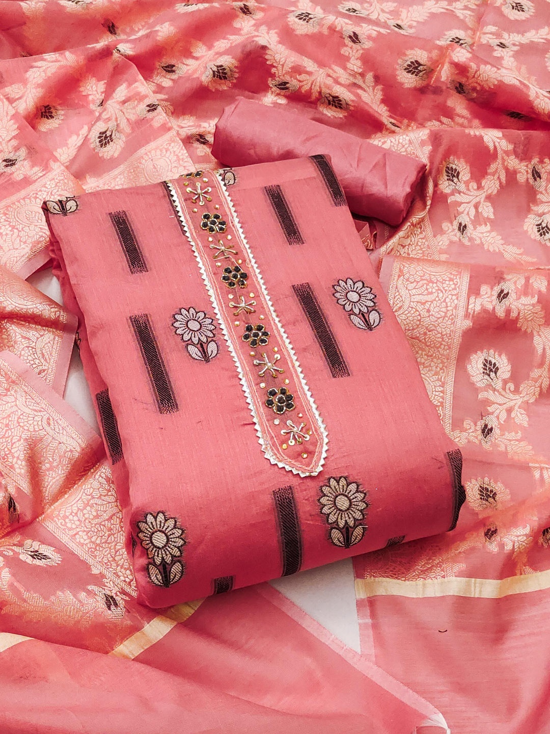 

KIMISHA Floral Woven Design Beads and Stones Unstitched Dress Material, Peach