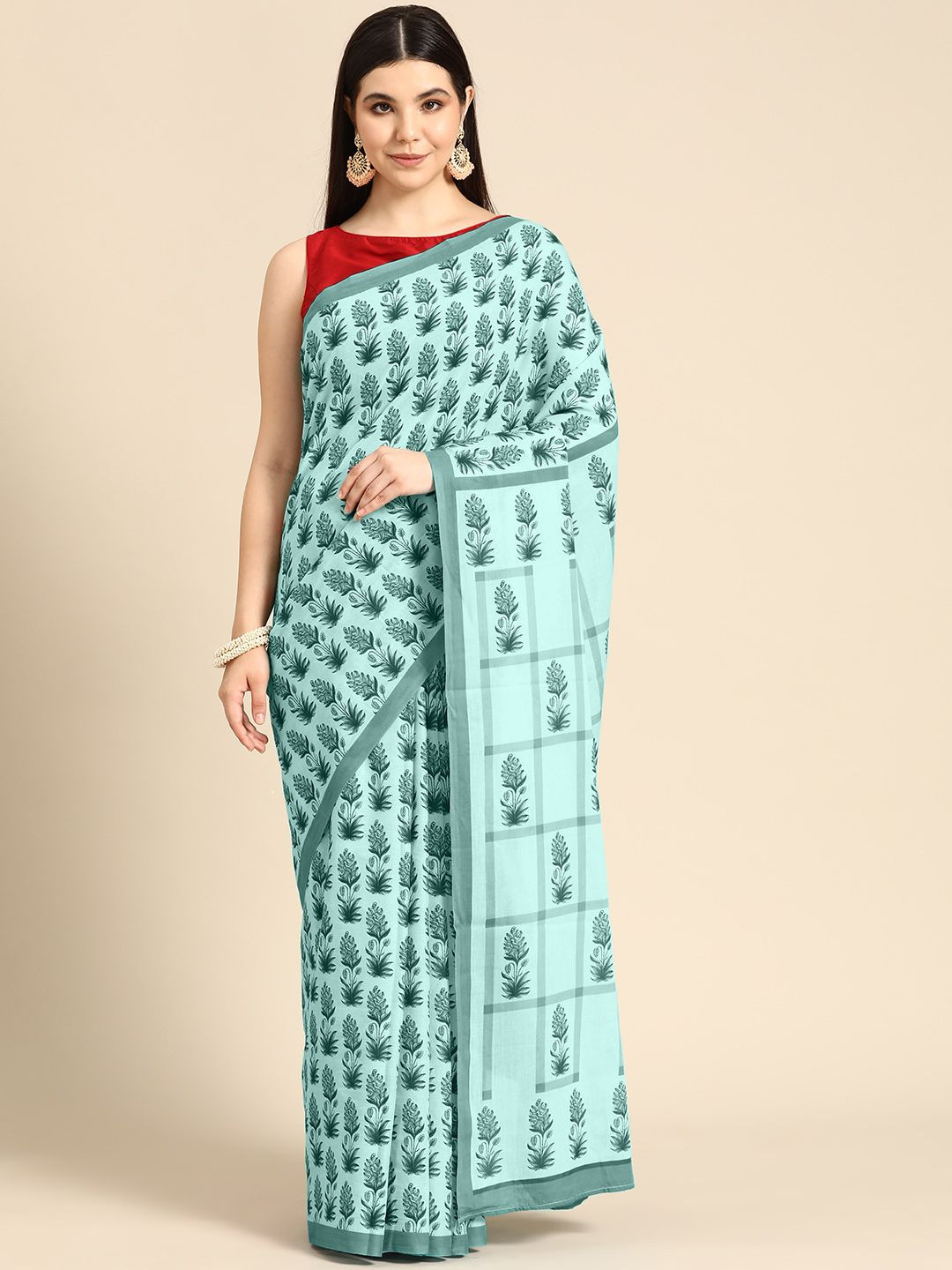

BUTA BUTI Floral Pure Cotton Saree, Sea green