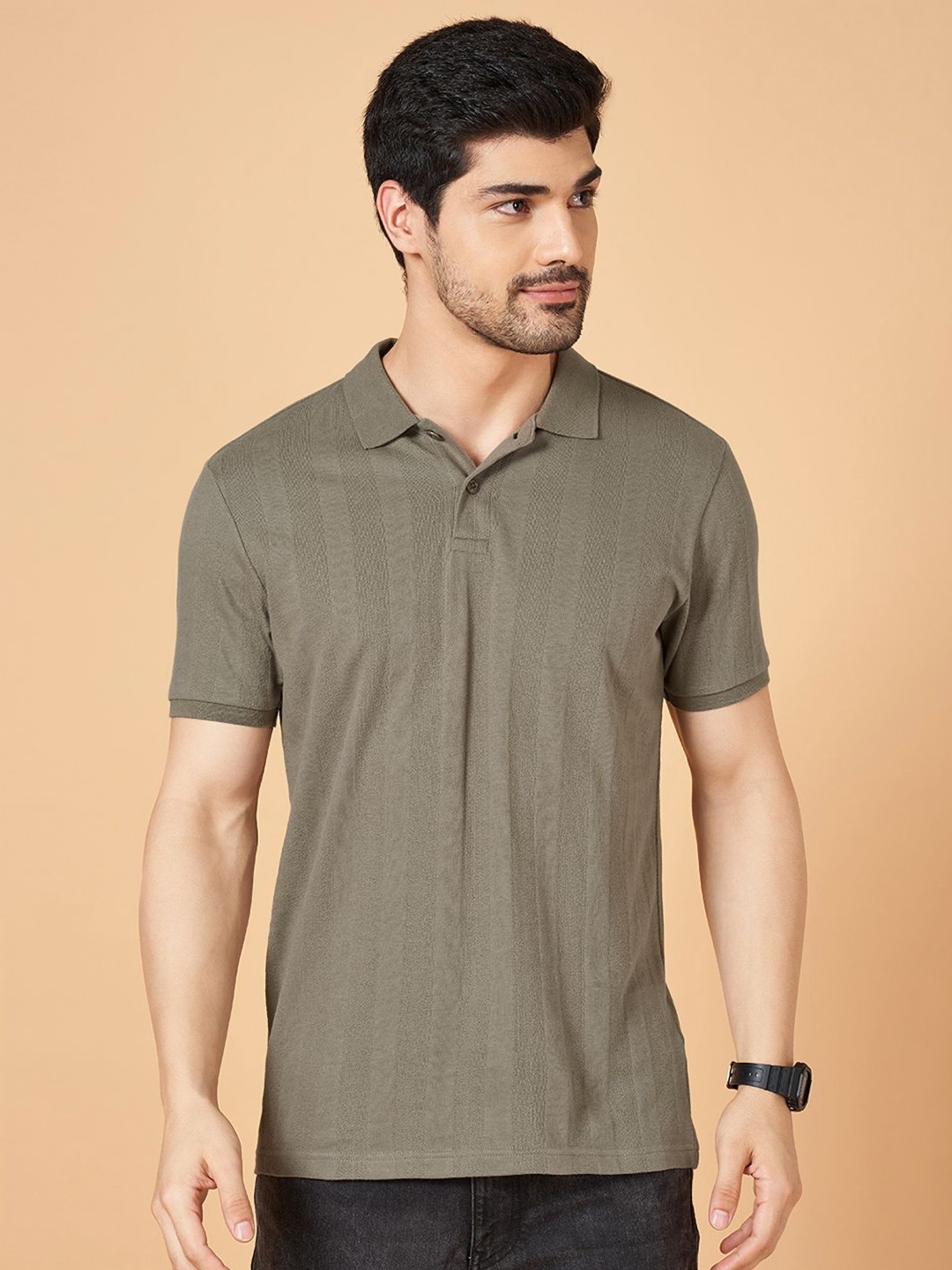 

People Men Solid Polo Collar Cotton T-shirt, Olive