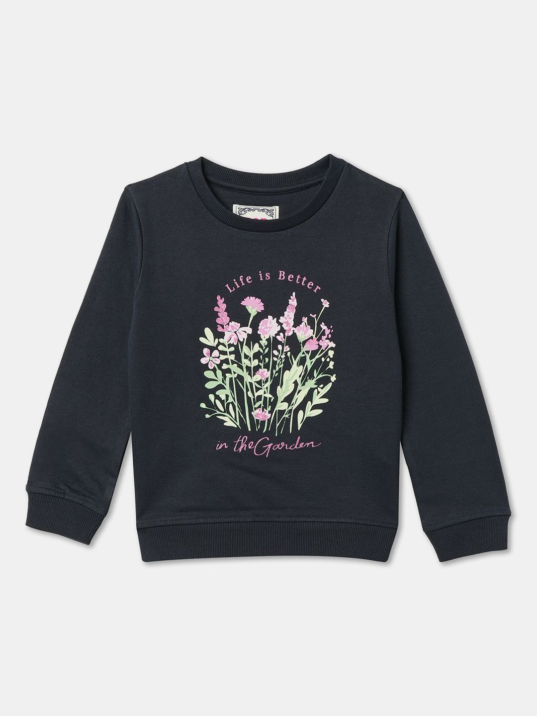 

R&B Girls Floral Printed Round Neck Cotton Pullover Sweatshirt, Black
