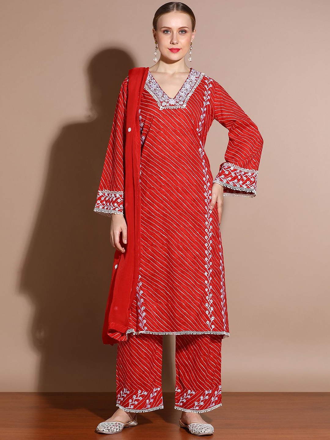 

Anouk Red Floral Embroidered Pure Cotton Straight Kurta With Palazzo & Dupatta