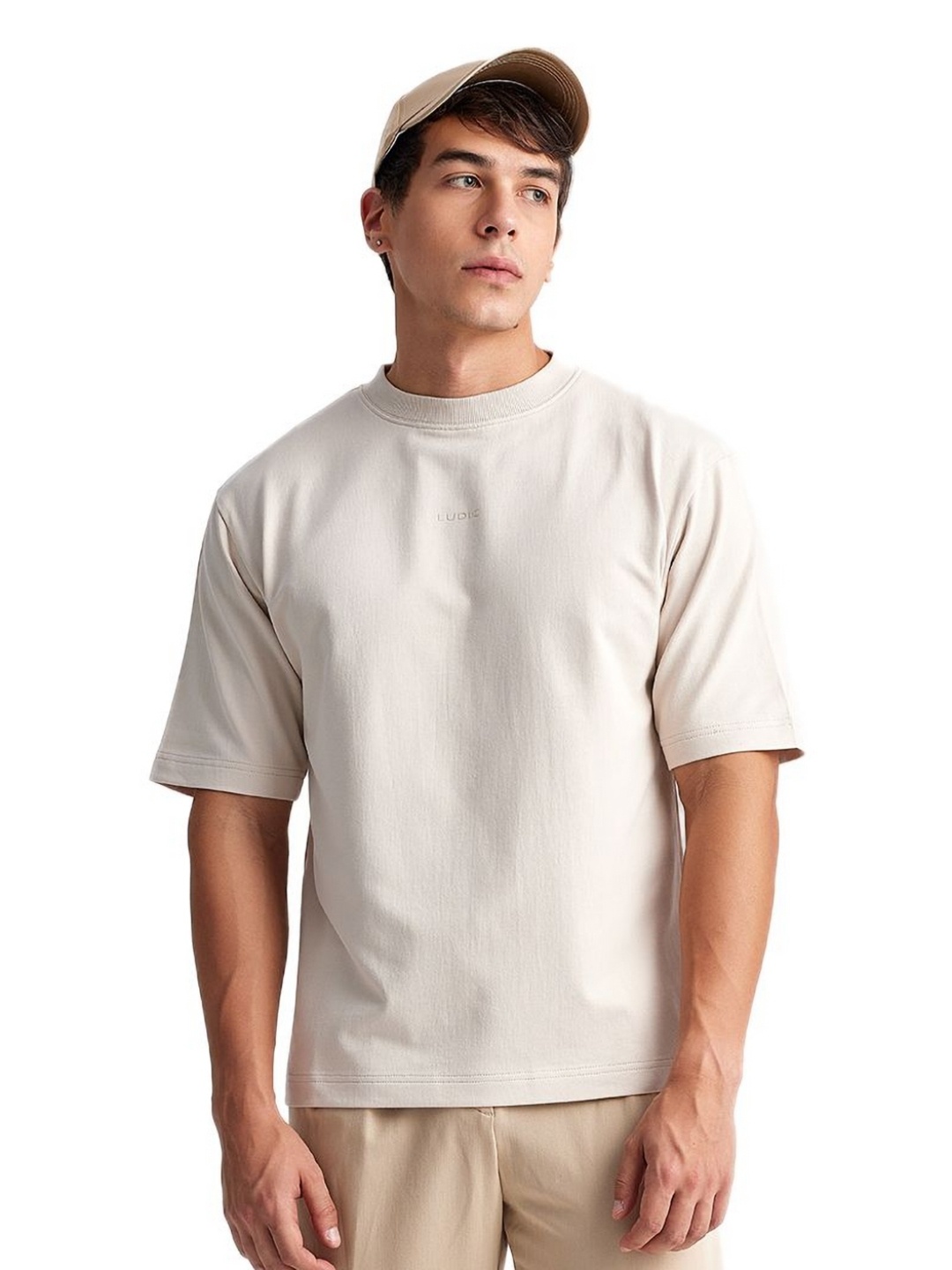 

Ludic Men Solid Round Neck Cotton T-shirt, Beige