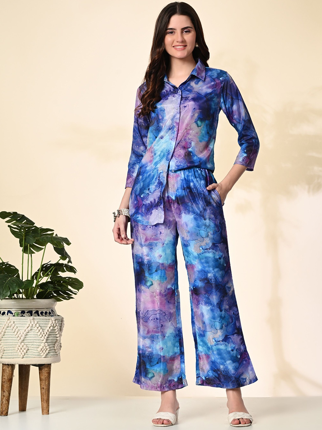 

RANGREAL Abstract Printed Shirt & Palazzo, Blue