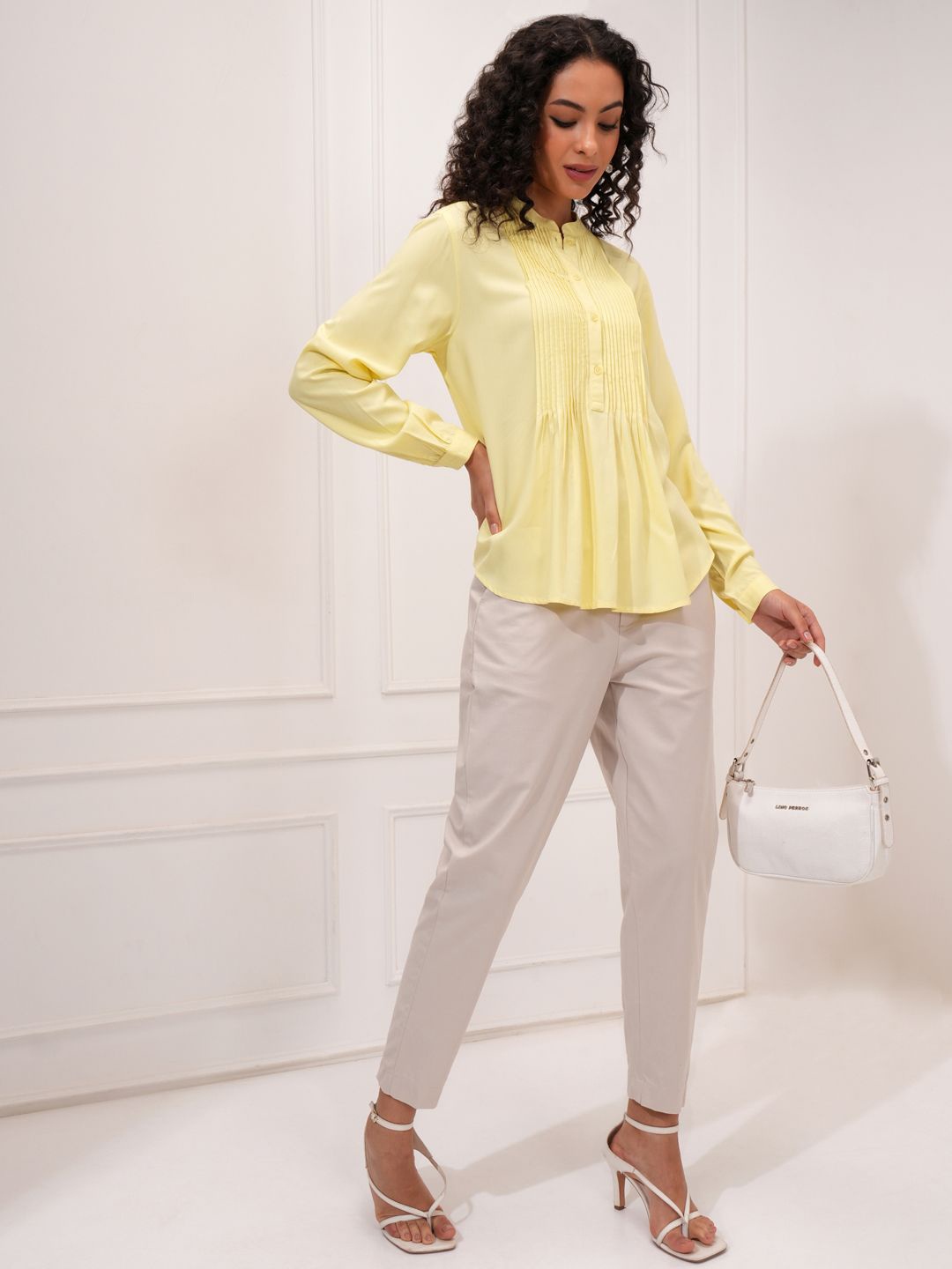 

CHIC BY TOKYO TALKIES Women Solid Mandarin Collar Top, Yellow
