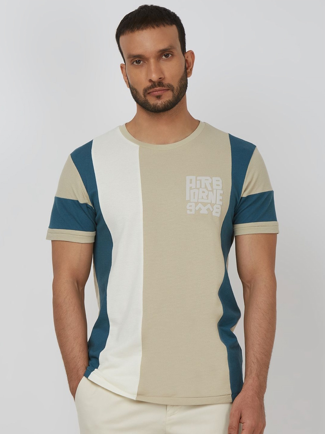 

Mufti Men Striped Round Neck Cotton Slim Fit T-shirt, Beige