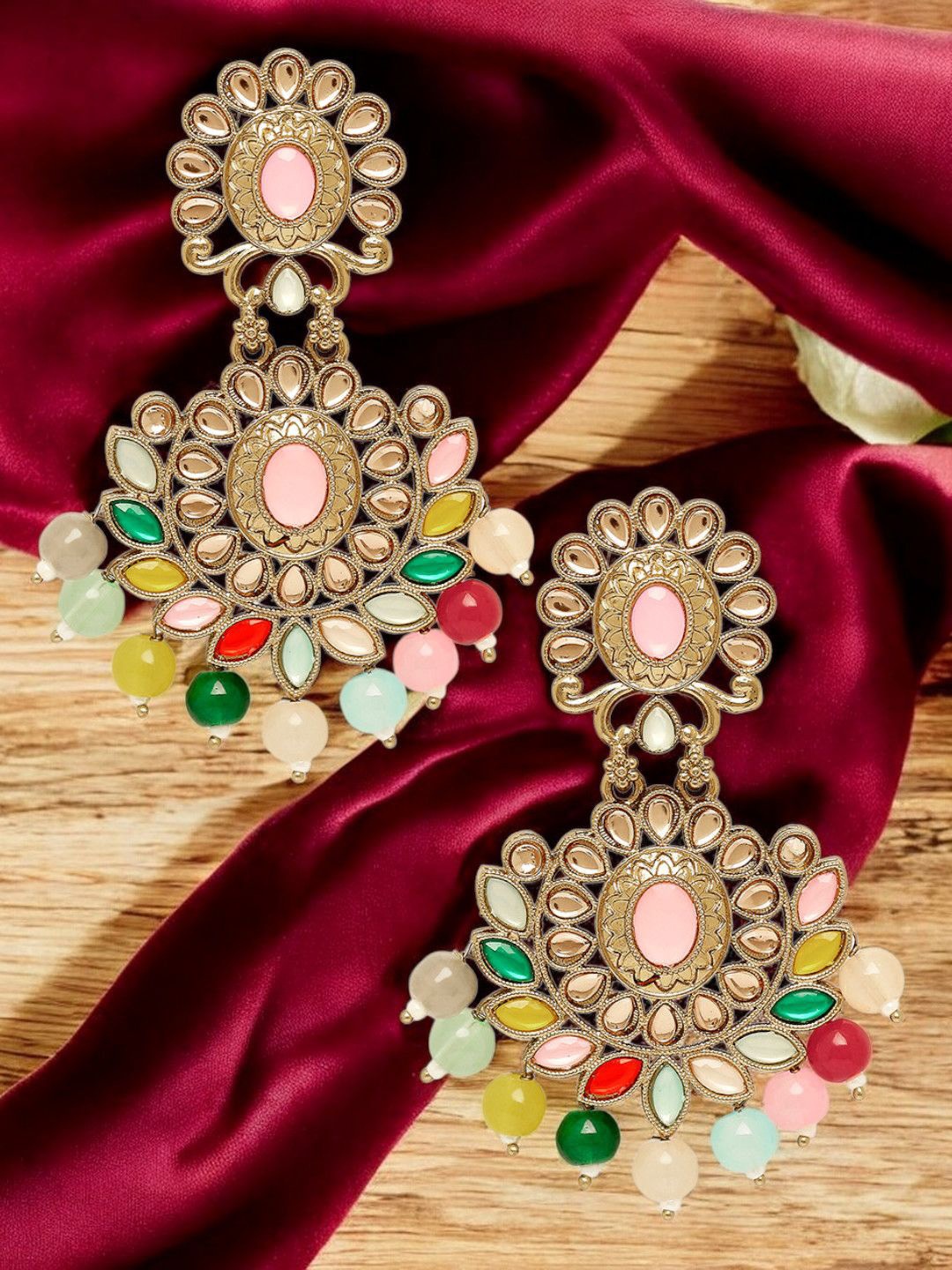 

OOMPH Opal Stones & Kundan Floral Drop Earrings, Gold
