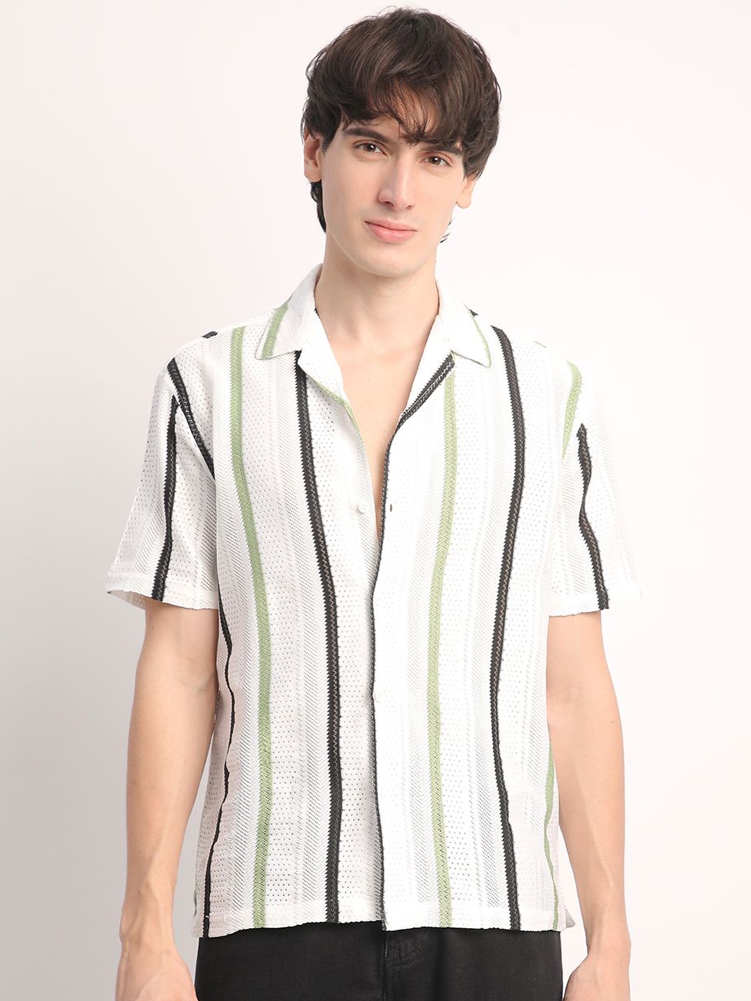 

Voroxy Men Relaxed Cuban Collar Vertical Striped Polycotton Casual Shirt, Olive