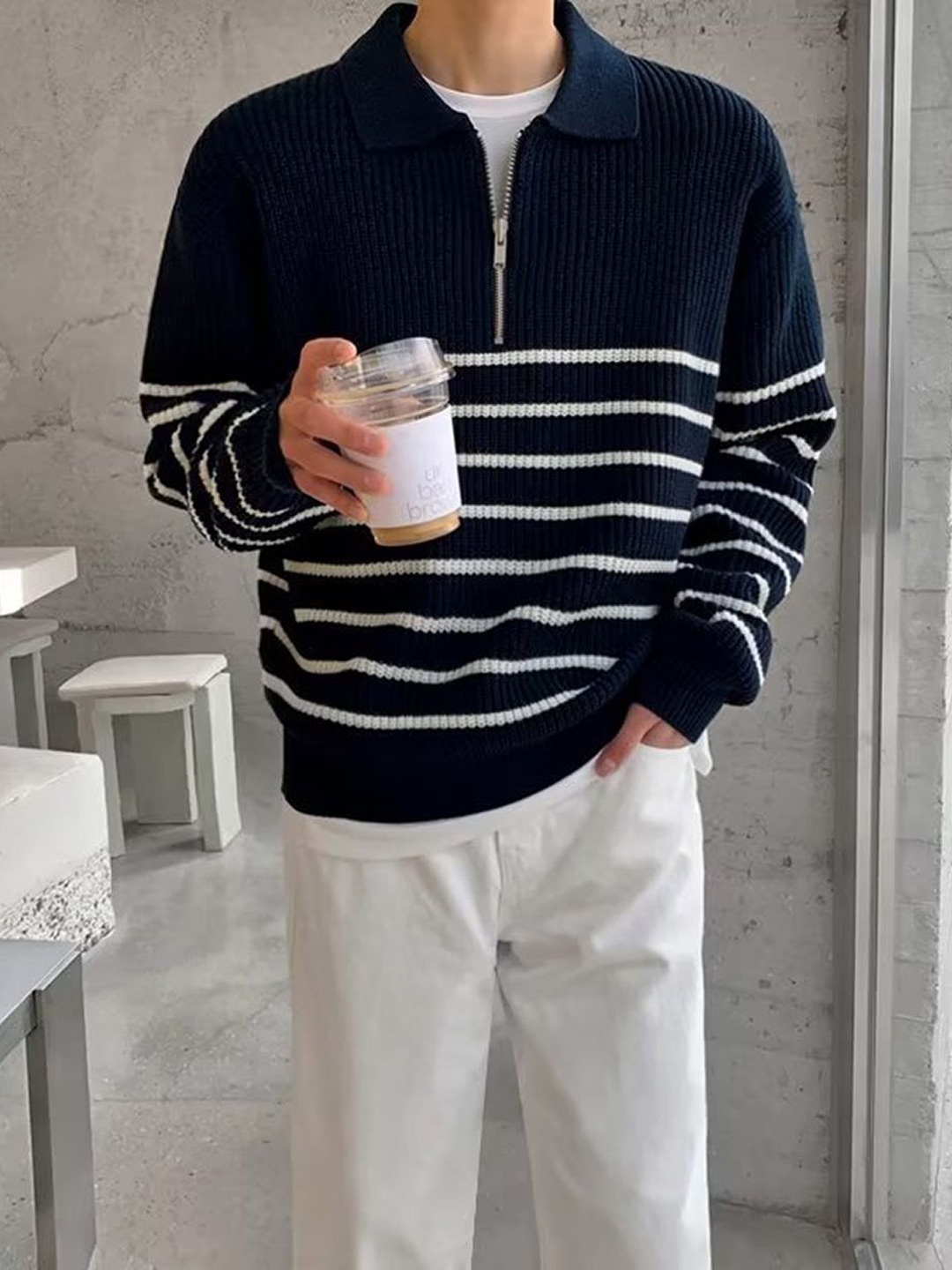 

StyleCast x Revolte Men Striped Pullover, Navy blue