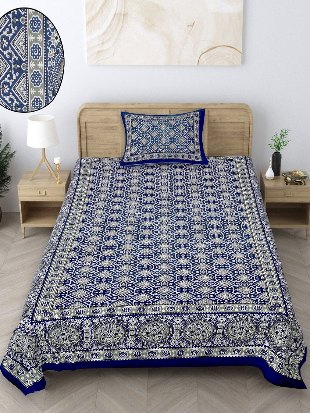 

Texstylers Blue & Green Floral Printed 140 TC Cotton Single Bedsheet with 1 Pillow Covers