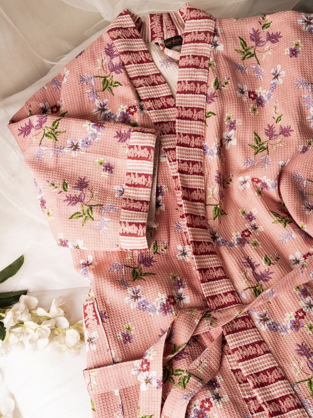 

LacyLook Printed Pure Cotton Bath Robe With Belt, Pink