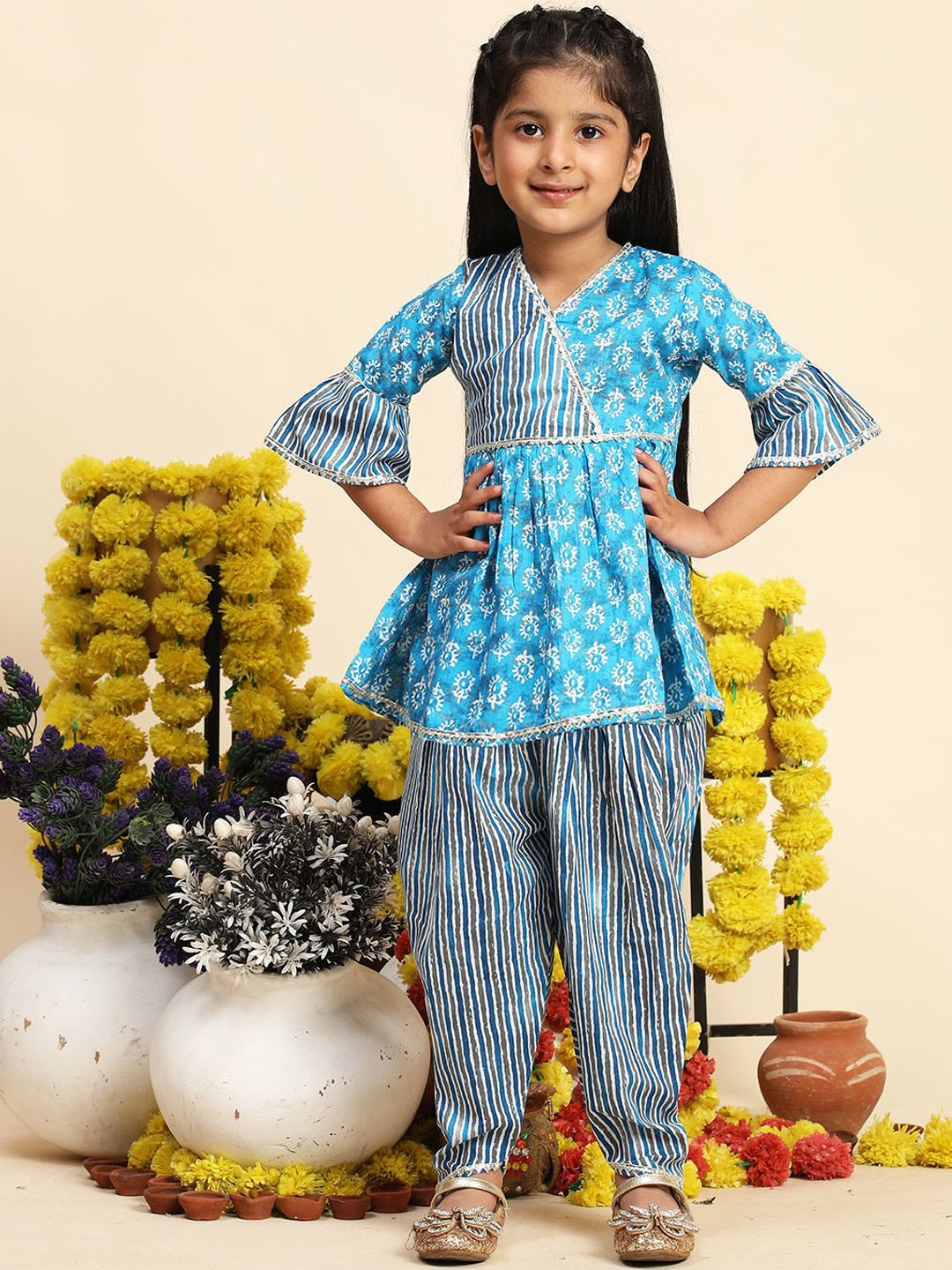 

Cutiekins Girls Ethnic Motifs Printed Angrakha A-Line Kurta With Dhoti Pants, Blue