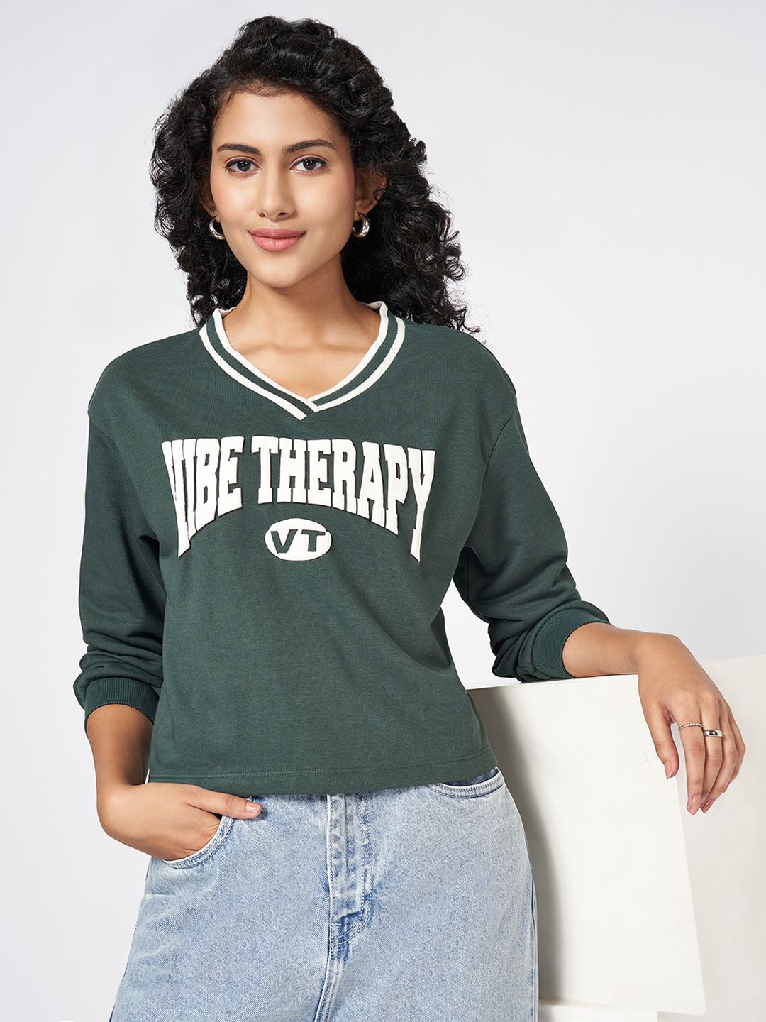 

People Women Typography Printed V-Neck Cotton Pullover Sweatshirt, Green