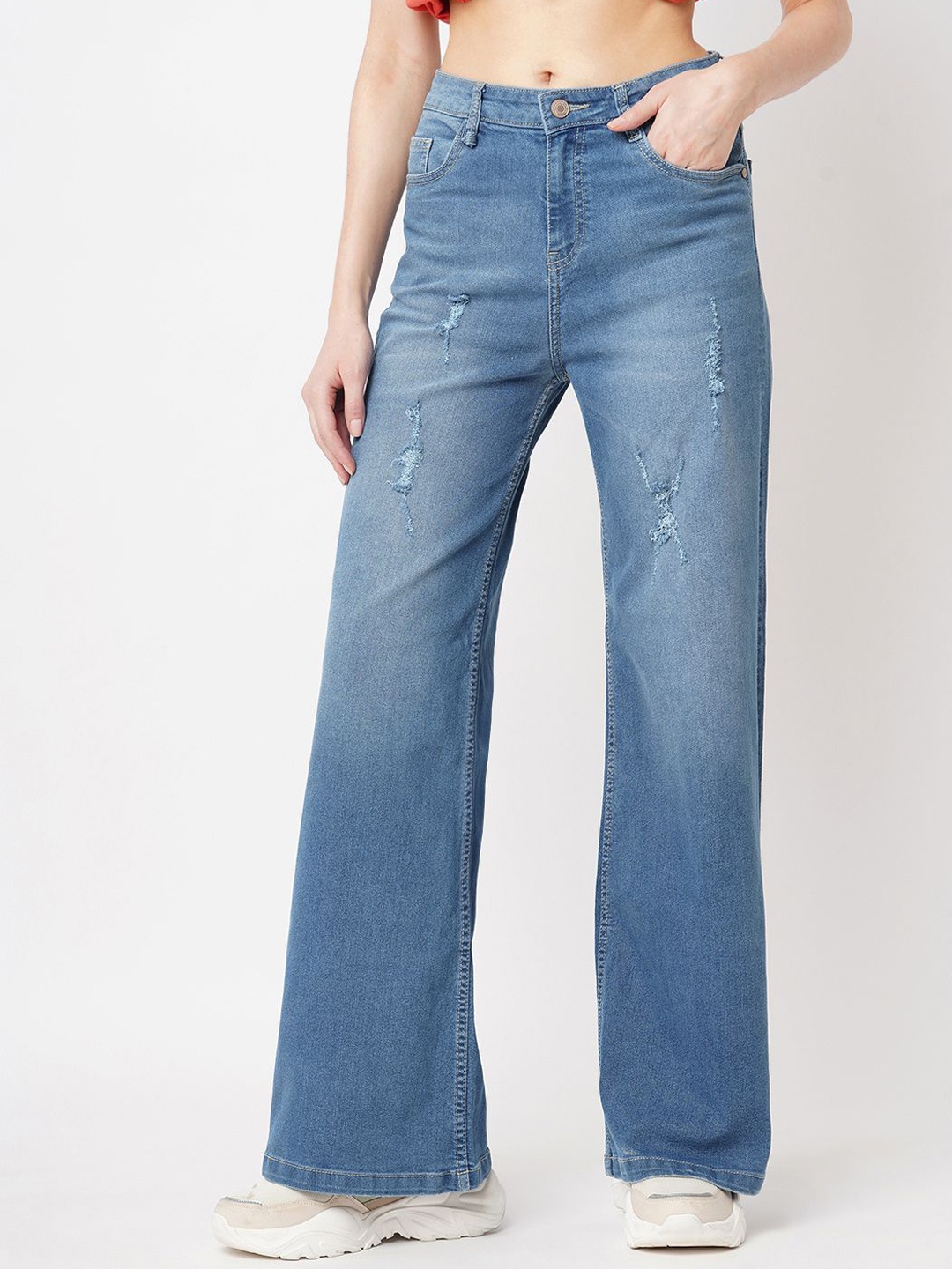 

GUTI Women Wide Leg High-Rise Heavy Fade Stretchable Jeans, Blue