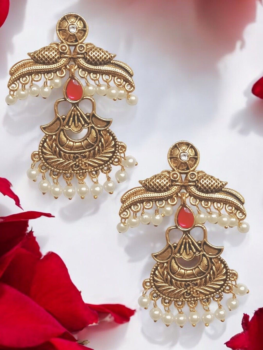 

OOMPH Floral Stone Studded Antique Drop Earrings, Gold
