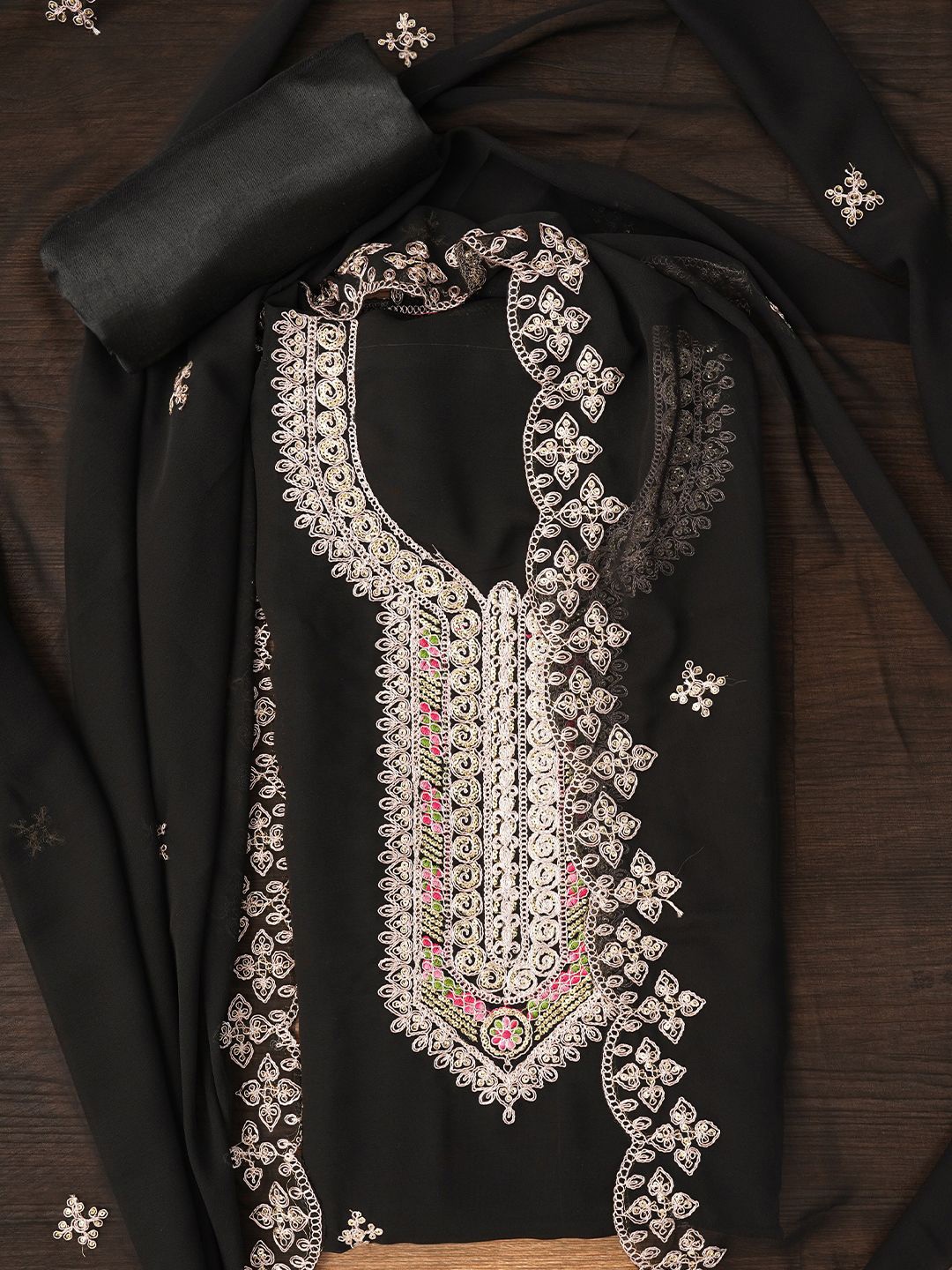 

Jaipur Kurti Zari Embroidered Silk Georgette Dress Material with Dupatta, Black