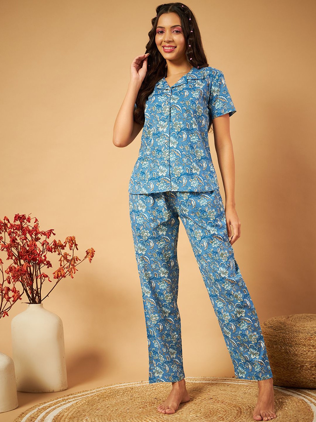 

ETC Women Floral Printed Pure Cotton Night Suit, Blue