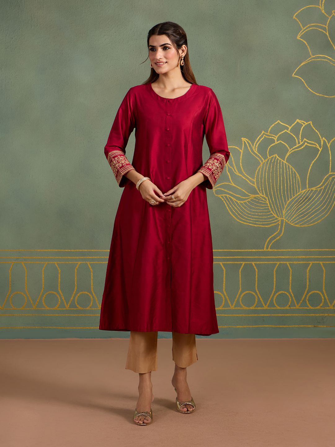 

Likha Women Embroidered A-Line Festive Kurta, Maroon