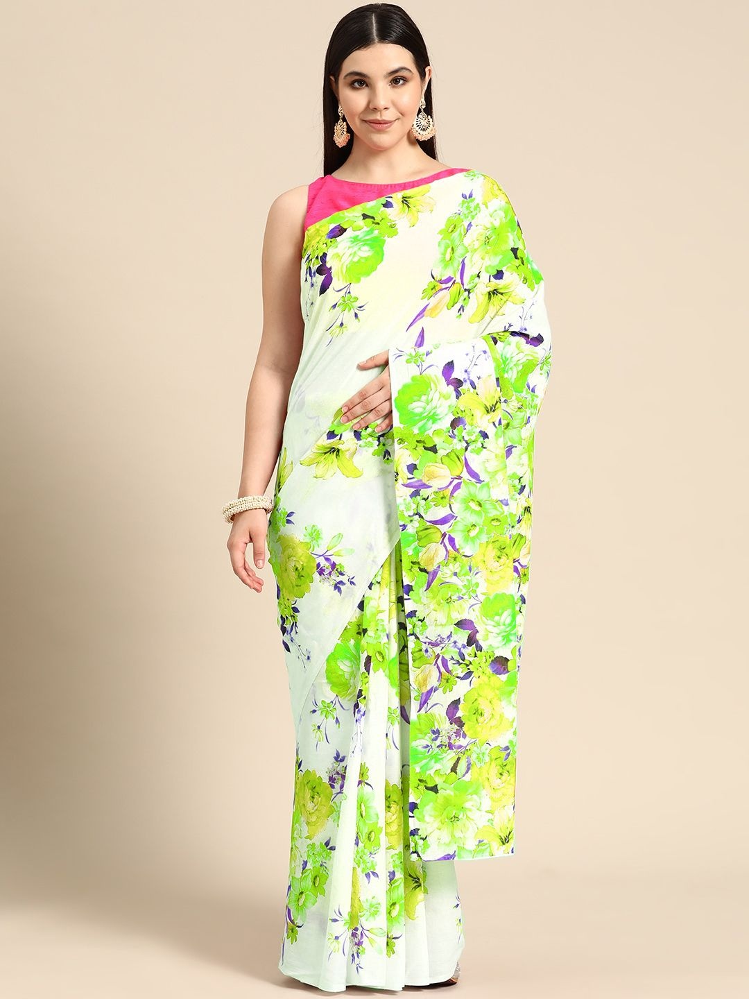 

BUTA BUTI Floral Pure Cotton Saree, Lime green