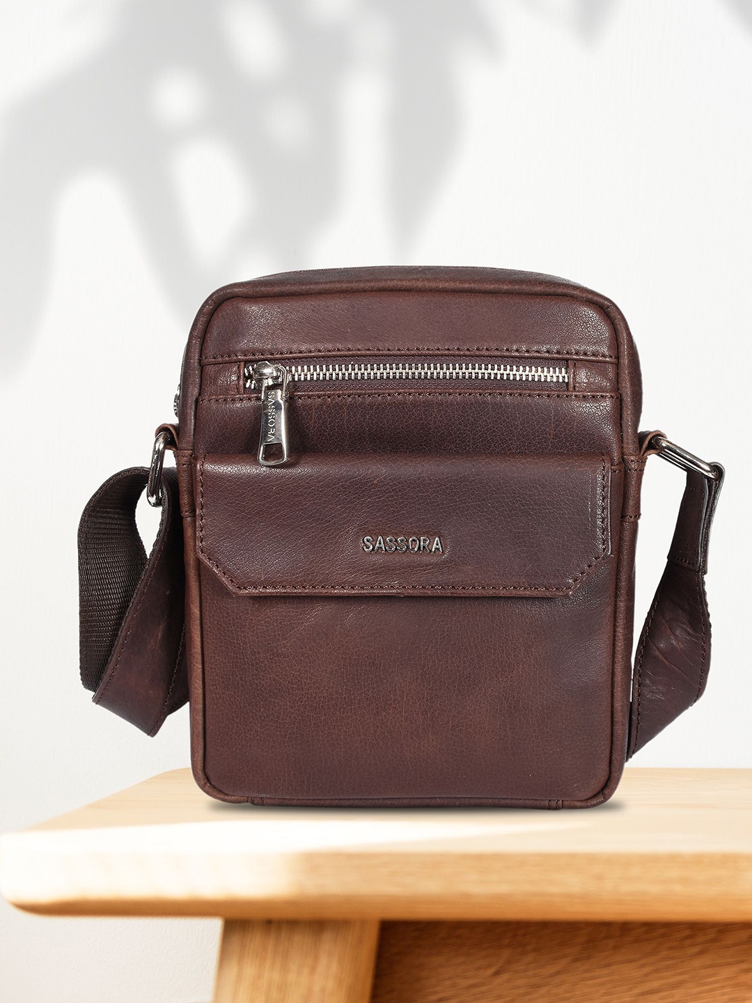 

Sassora Leather Sling Bag, Coffee brown