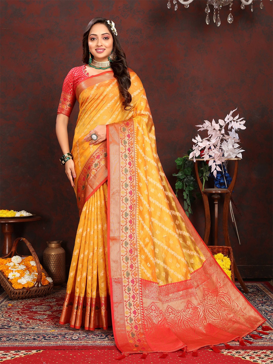 

Zeekha Woven Design Zari Pure Silk Kanjeevaram Saree, Mustard