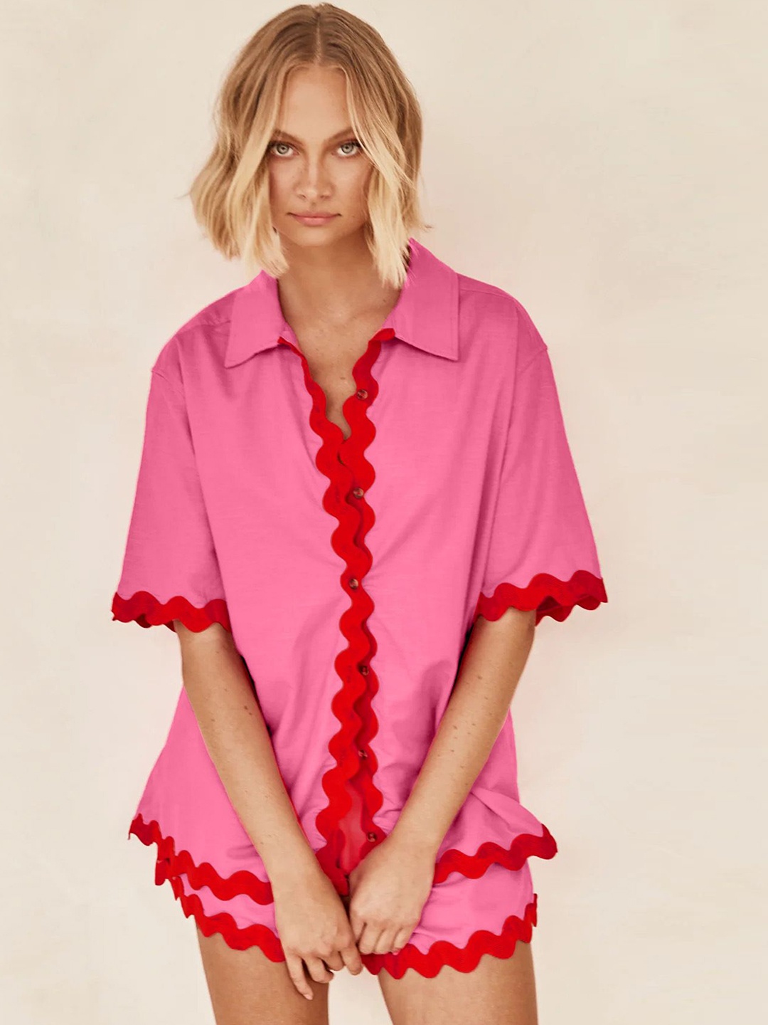 

MIAKEE Spread Collar Shirt With Shorts, Pink