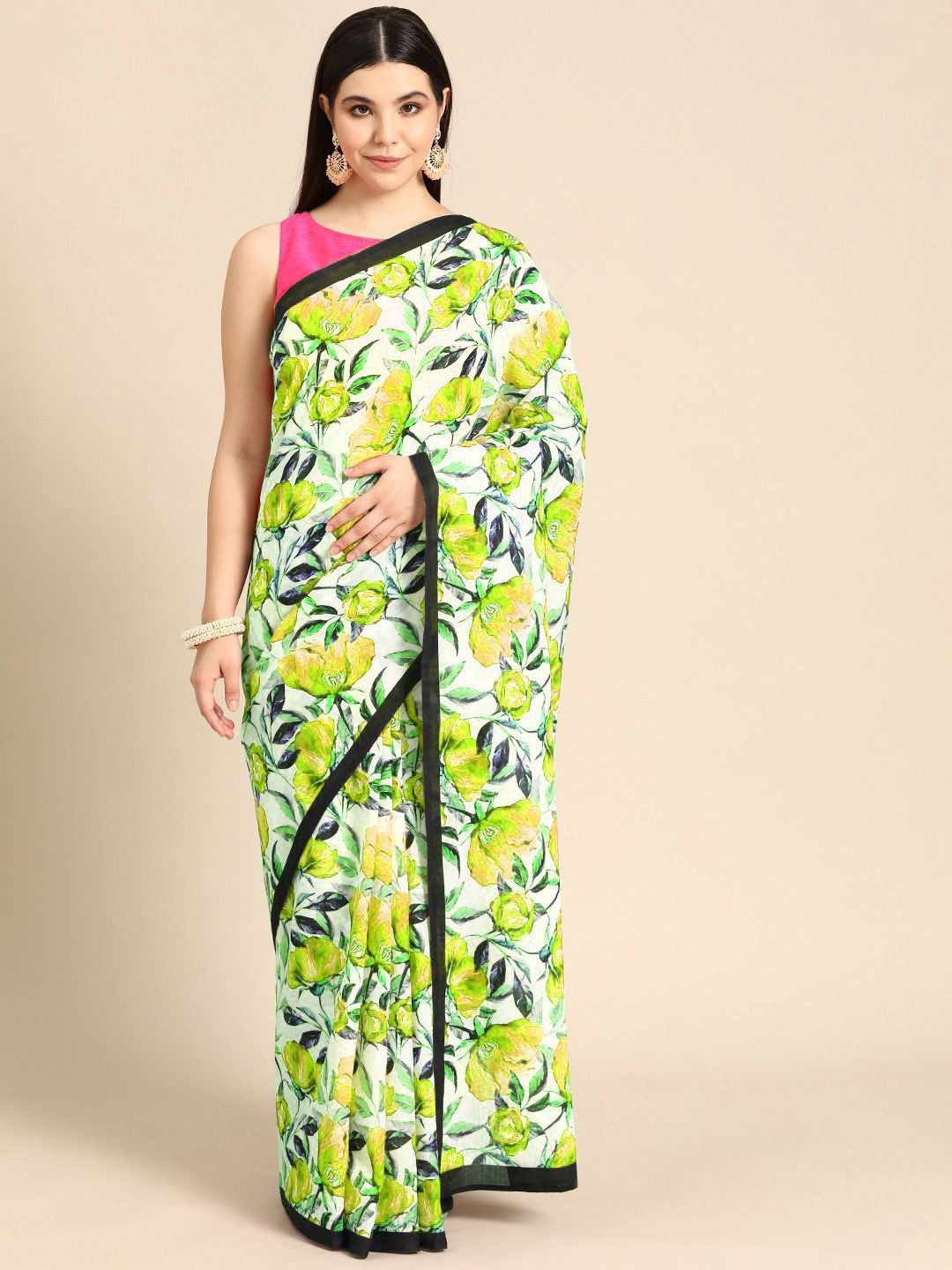 

BUTA BUTI Floral Pure Cotton Saree, Lime green