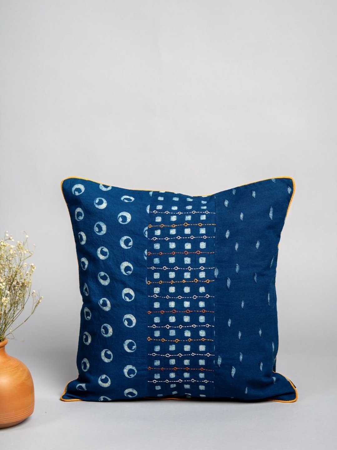 

craftroots Blue & White Embroidered Cotton Square Cushion Cover