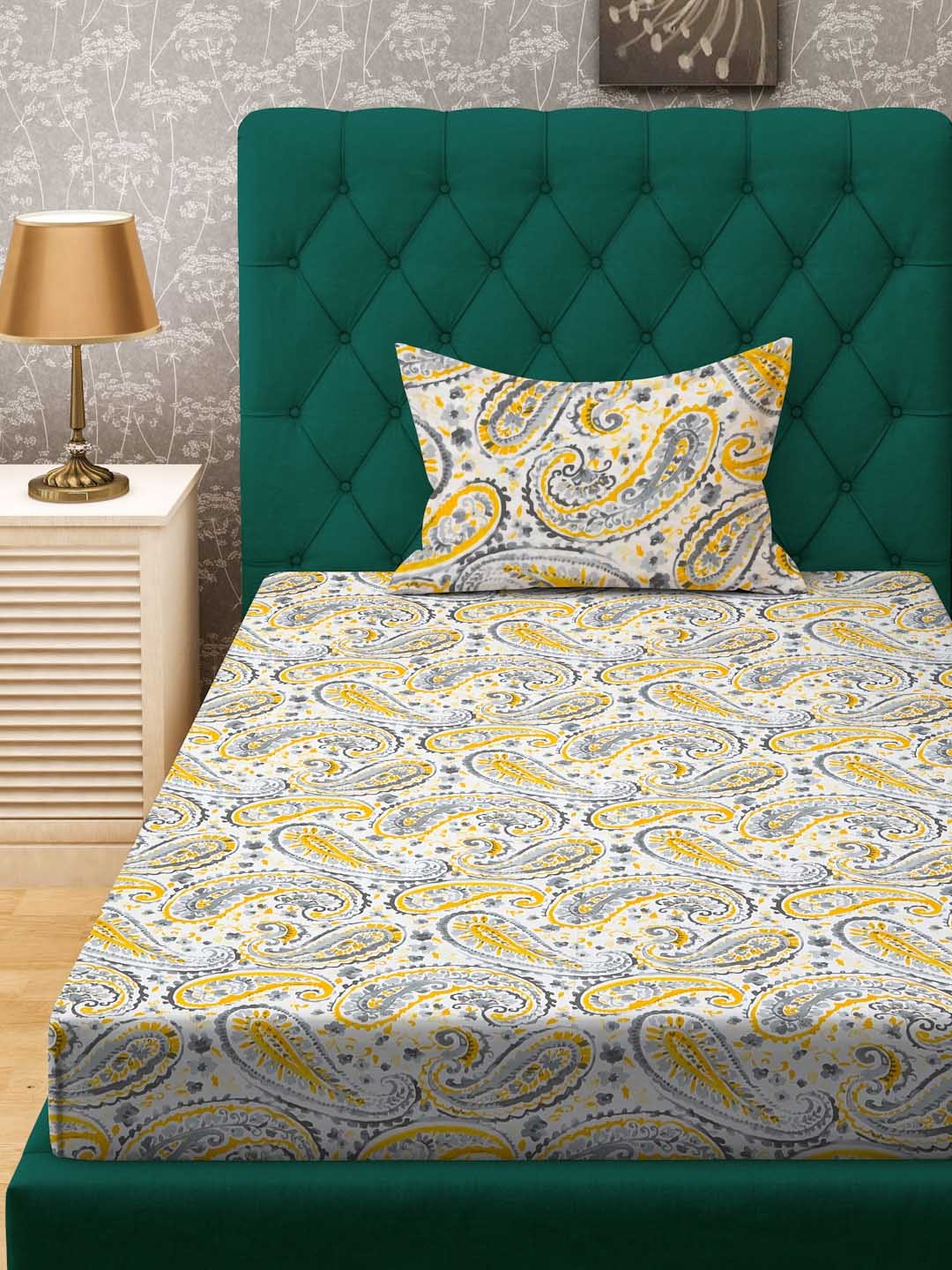 

ROSARA HOME Yellow & Blue Ethnic Motifs 200 TC Single Bedsheet with 1 Pillow Covers