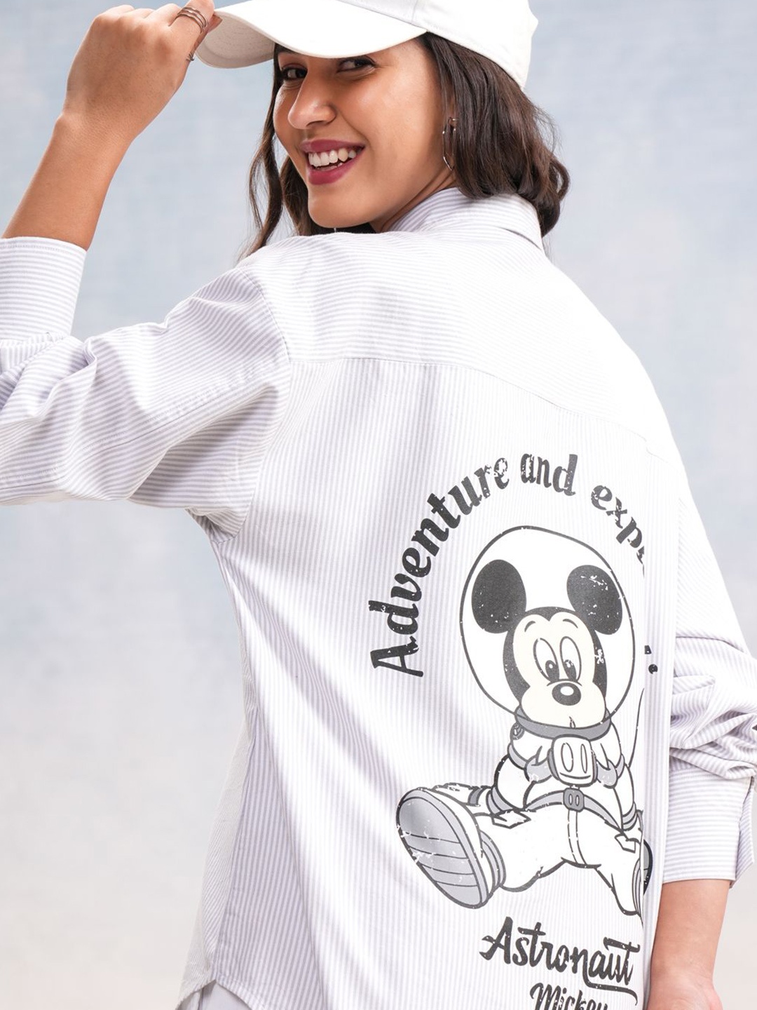 

Street By Tokyo Talkies Disney Women Mickey Mouse Striped Oversized Shirt, Grey