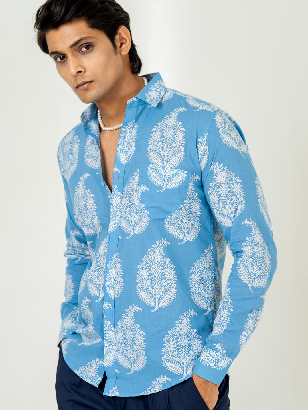 

Tistabene Men Comfort Spread Collar Floral Printed Cotton Casual Shirt, Blue