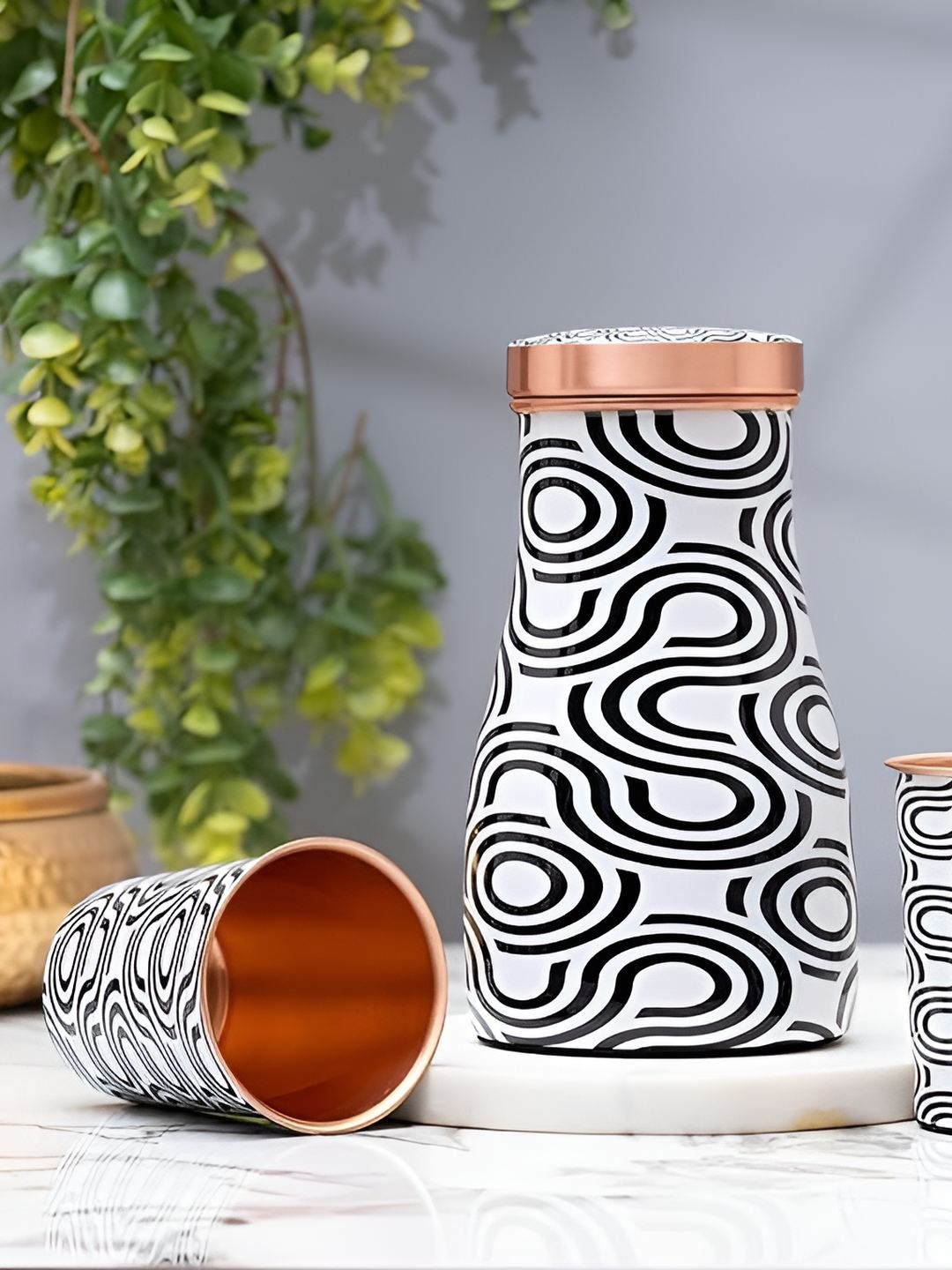 

veda essentials Copper-Toned & Black 3 Pieces Copper Printed Water Bottle with 2 Glasses