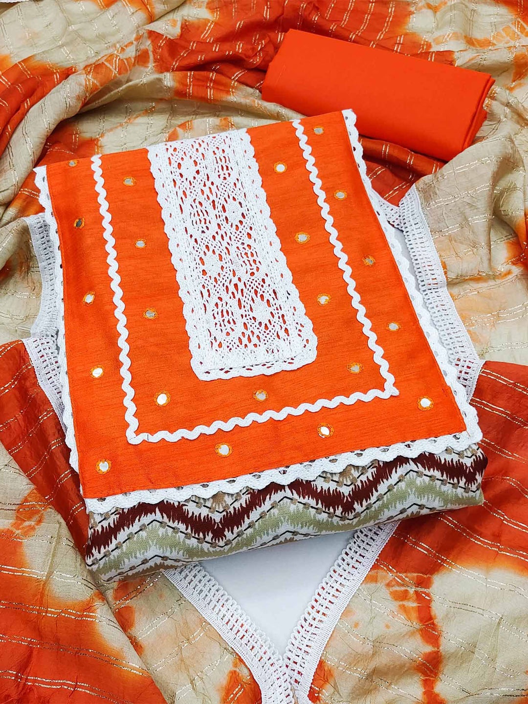 

Peachmode Abstract Printed Mirror Work Pure Cotton Unstitched Dress Material, Orange
