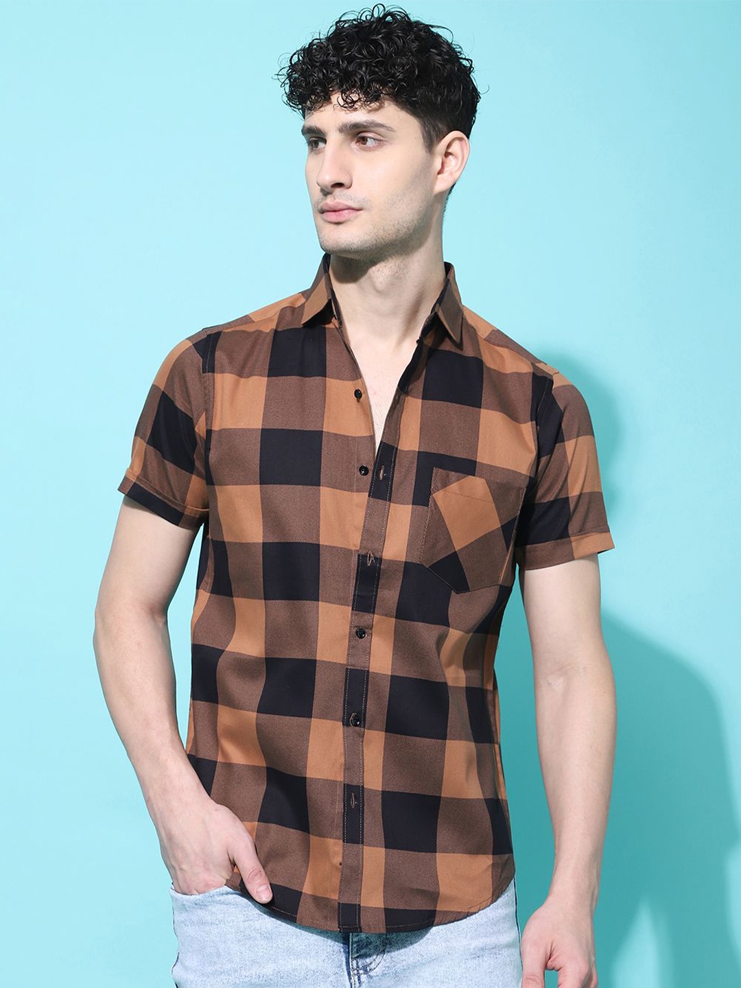 

Voroxy Men New Spread Collar Checks Solid Cotton Casual Shirt, Orange