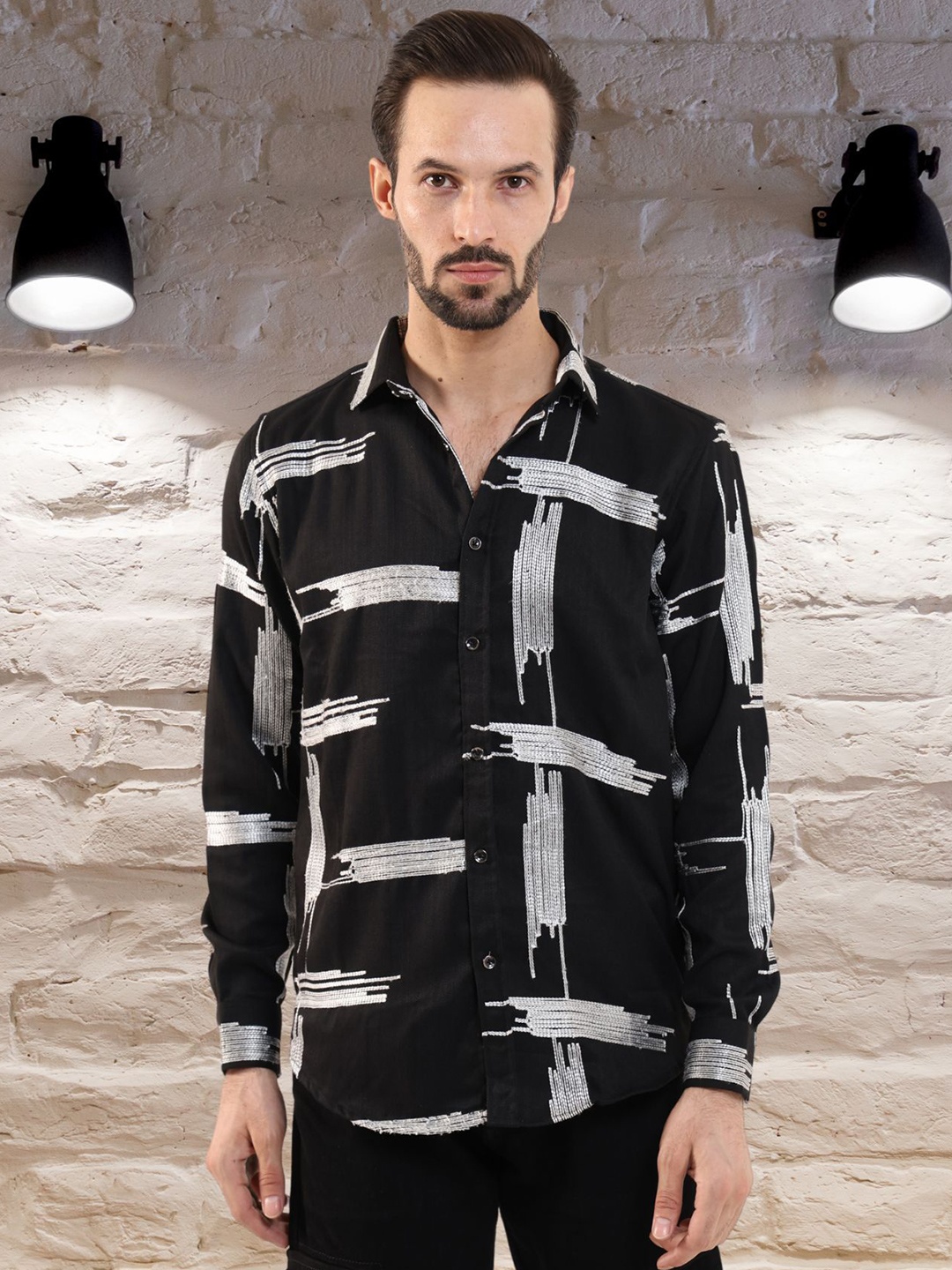 

BOTABOCHI Men Classic Spread Collar Abstract Printed Linen Slim Fit Party Shirt, Black