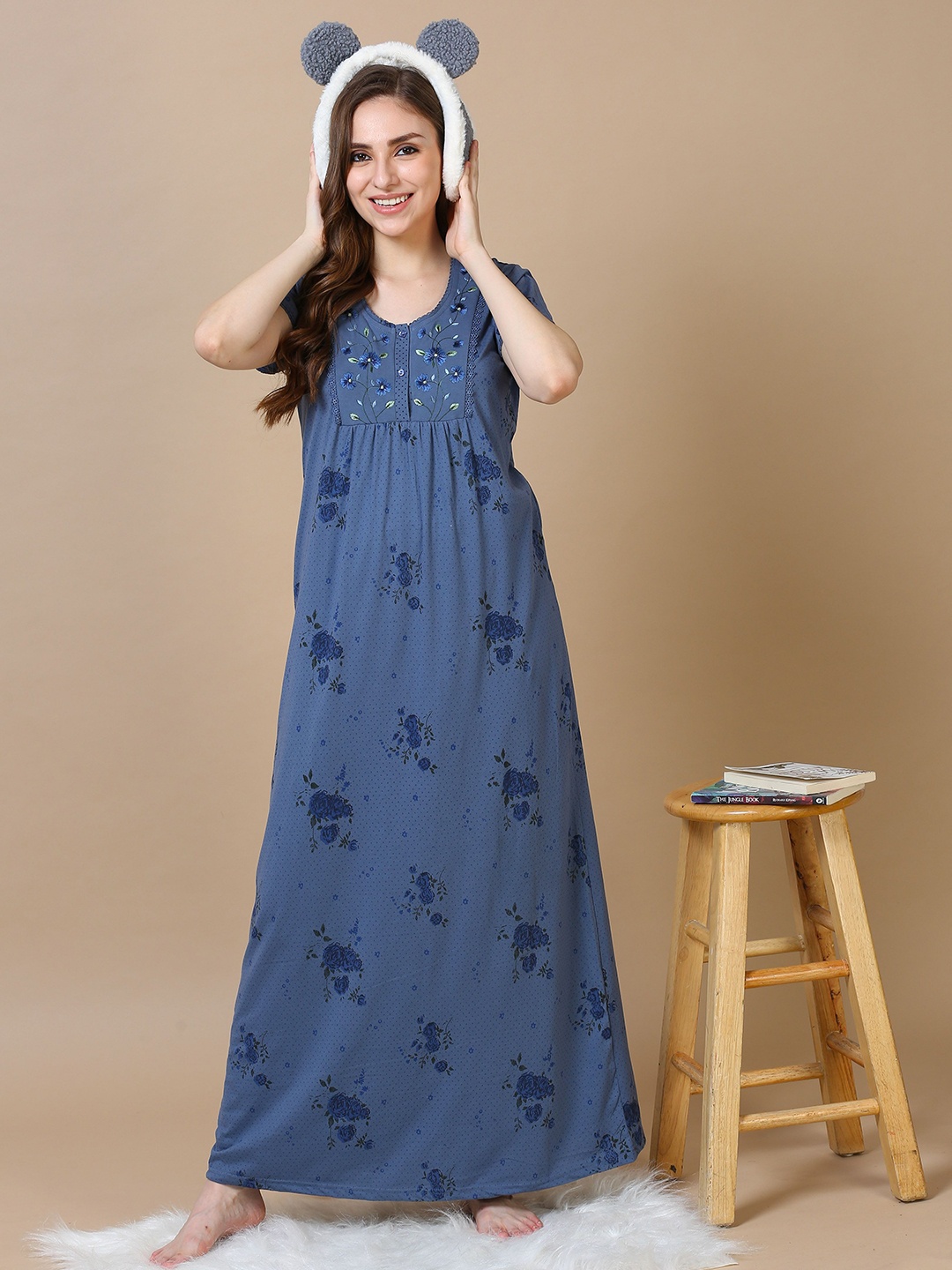 

9shines Label Women Embroidered Maxi Nightdress, Blue