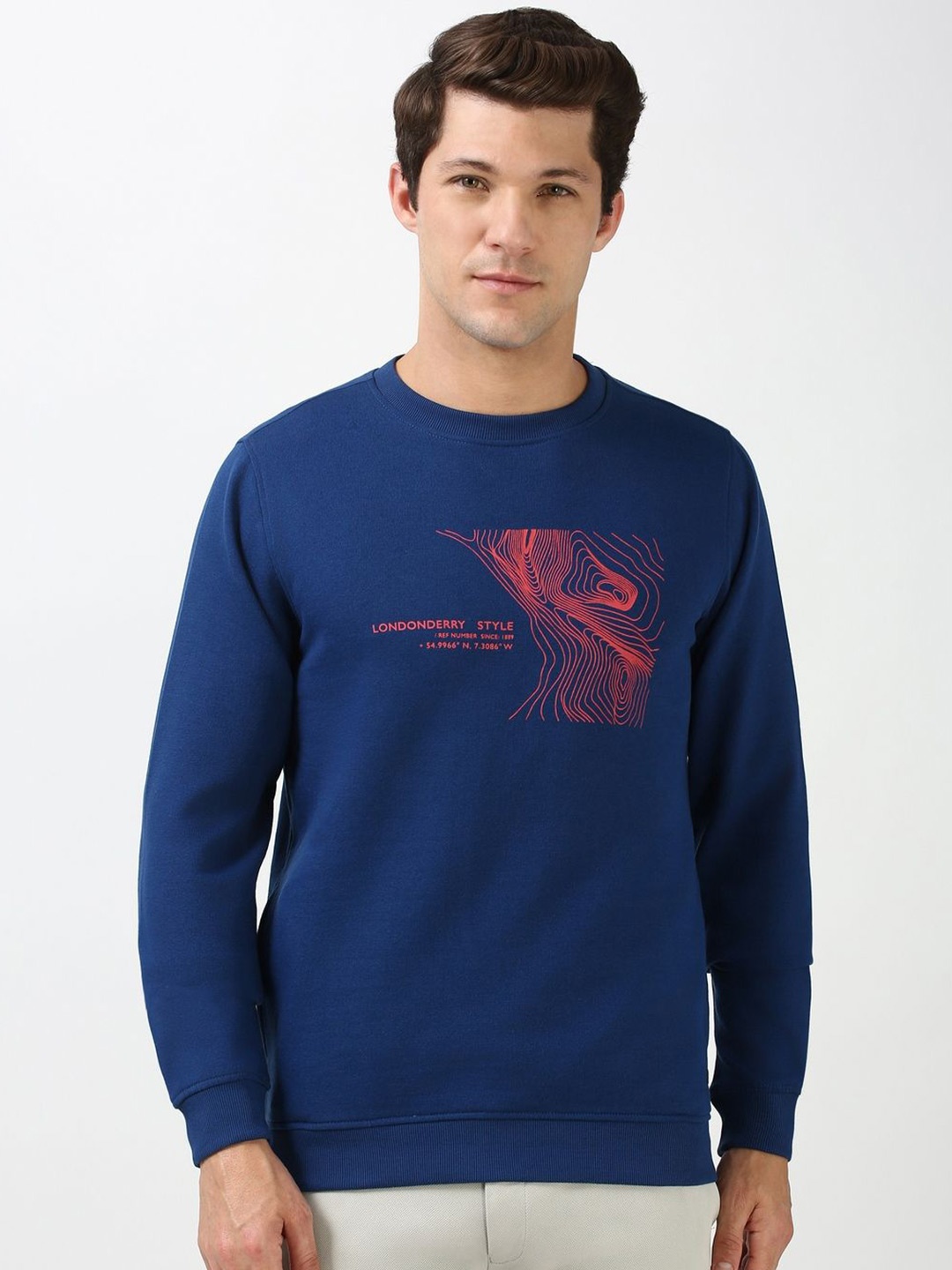 

Peter England Casuals Men Abstract Printed Round Neck Cotton Pullover Sweatshirt, Navy blue