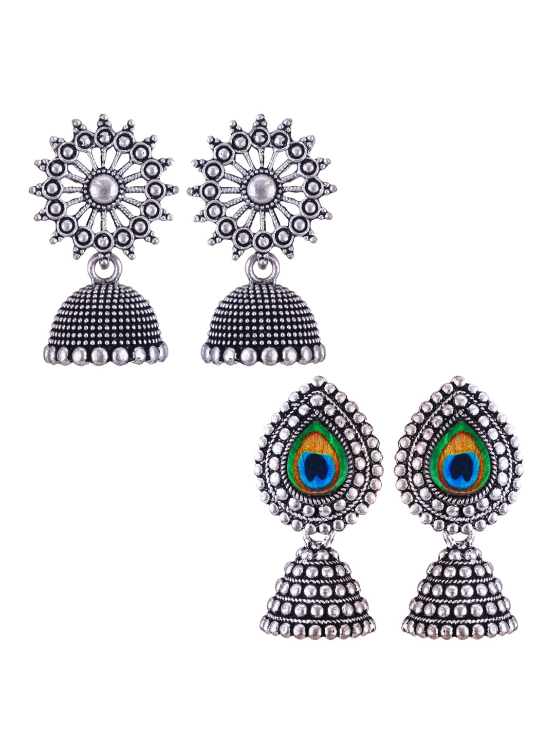 

DIVASTRI Set Of 2 Silver-Plated Stone Studded & Beaded Peacock Shaped Oxidised Jhumkas