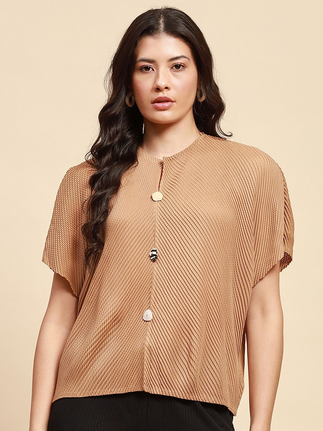 

Global Republic Women Self Design Round Neck Top, Brown