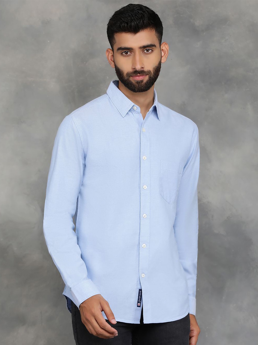 

Greenfibre Men Spread Collar Solid Cotton Slim Fit Casual Shirt, Blue