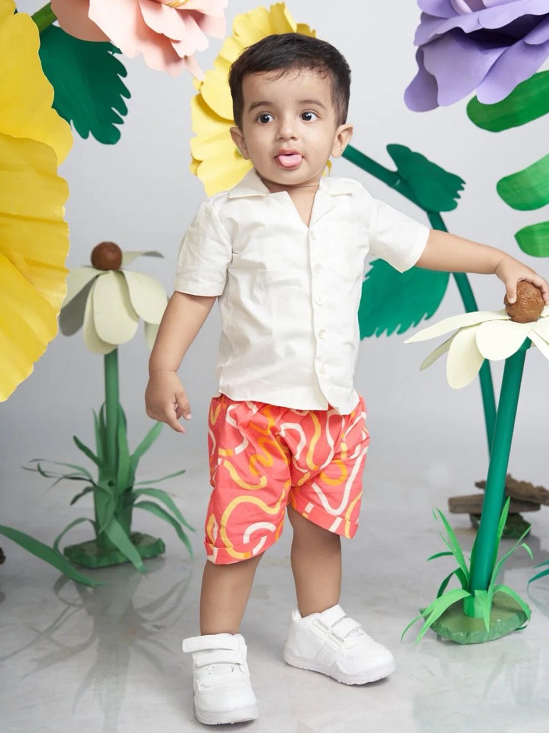 

Miko Lolo Boys Cuban Collar Printed Shirt with Shorts, Pink