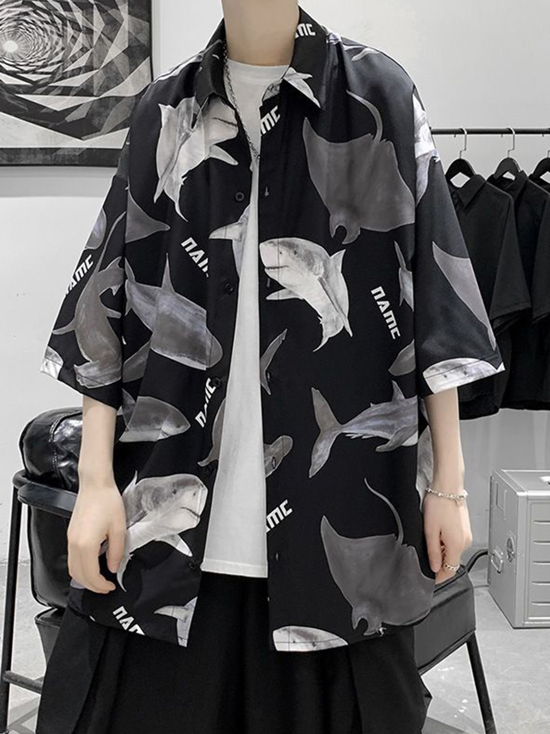 

StyleCast Men Spread Collar Graphic Printed Boxy Casual Shirt, Black