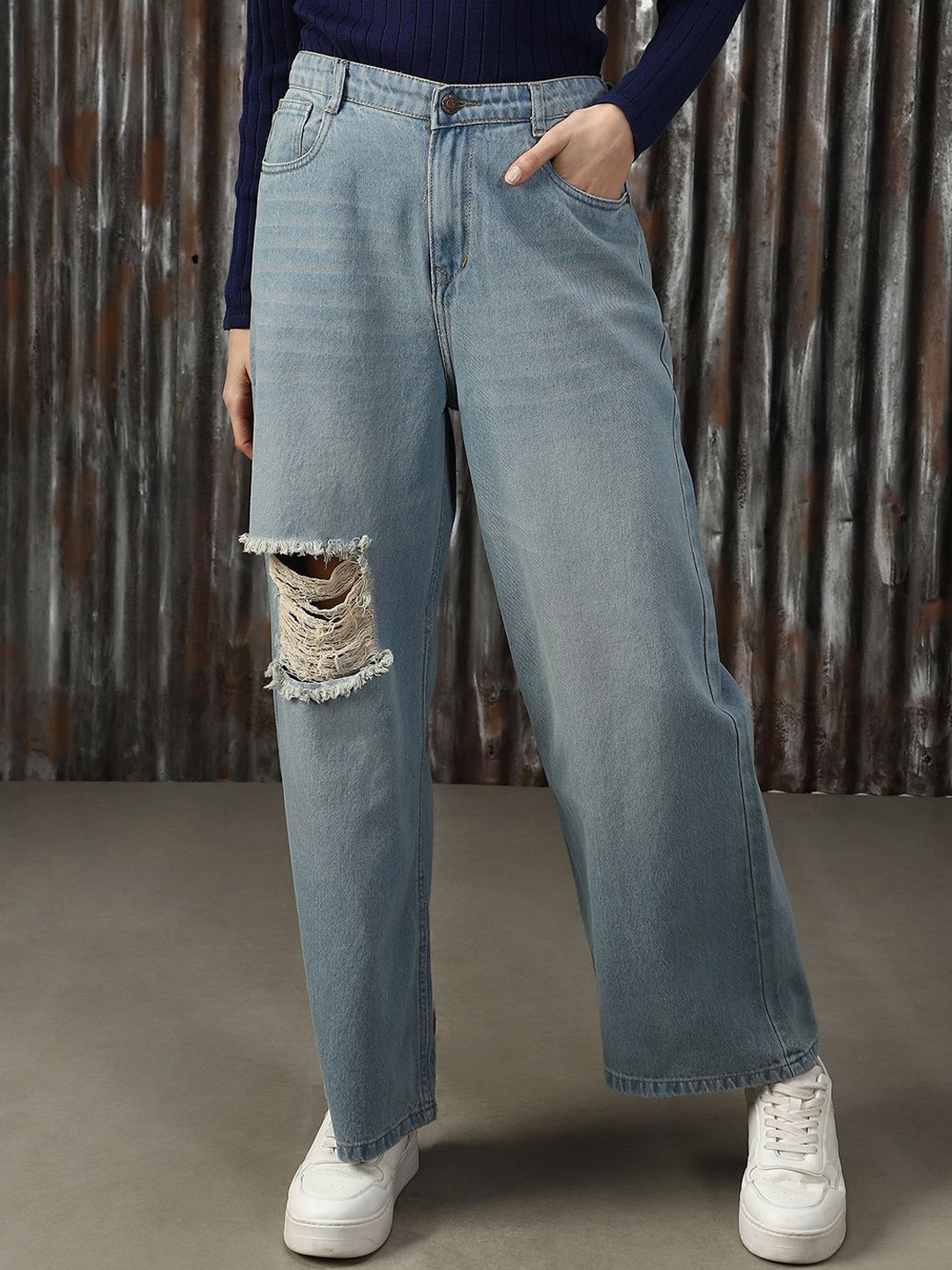 

High Star Women 90'S Baggy Fit High-Rise Heavy Fade High Distress Jeans, Blue